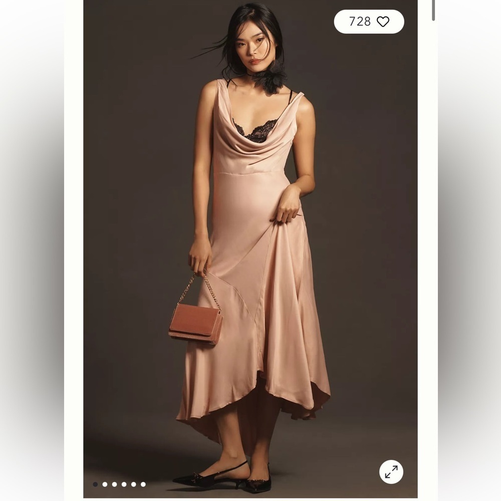 Anthropologie Blush Pink Cowl-Neck Asymmetrical Satin Black Lace Slip Dress